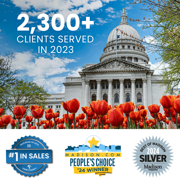 Stark Accolades 2024 featuring logos for InBusiness Book of Lists 2023 #1 Dane County Sales, Madison.com People's Choice Award winner, Best of Madison 2024 Silver winner, and text reading 2,300+ clients served in 2023